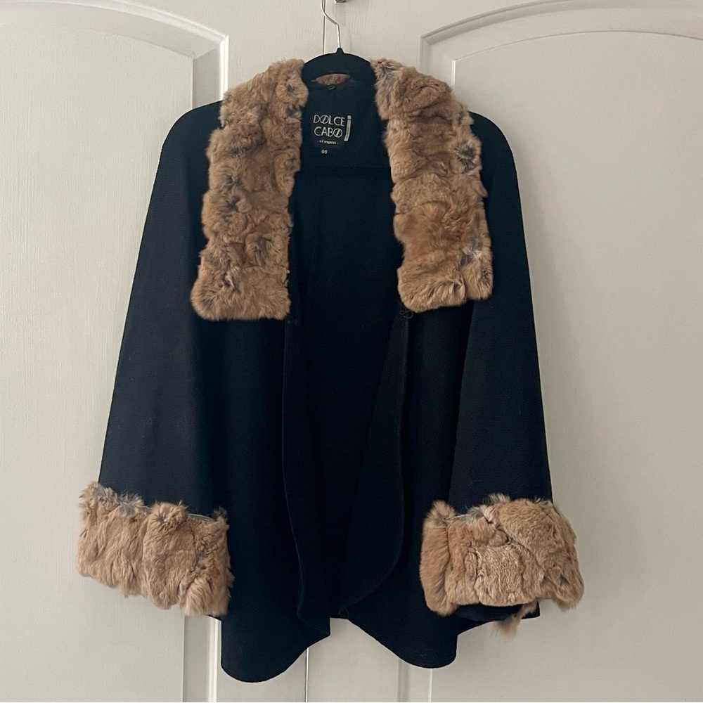 Black REAL FUR cape with hook closure